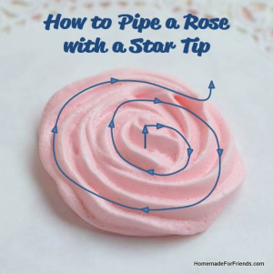 To pipe a rose, begin in the center with a small dollop, and then move the star tip around in a spiral motion. To close the loop, gently lift the tip up and quickly pull away. 