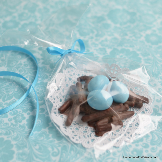 Chocolate Pretzel Nests: A great party favor for a baby shower!